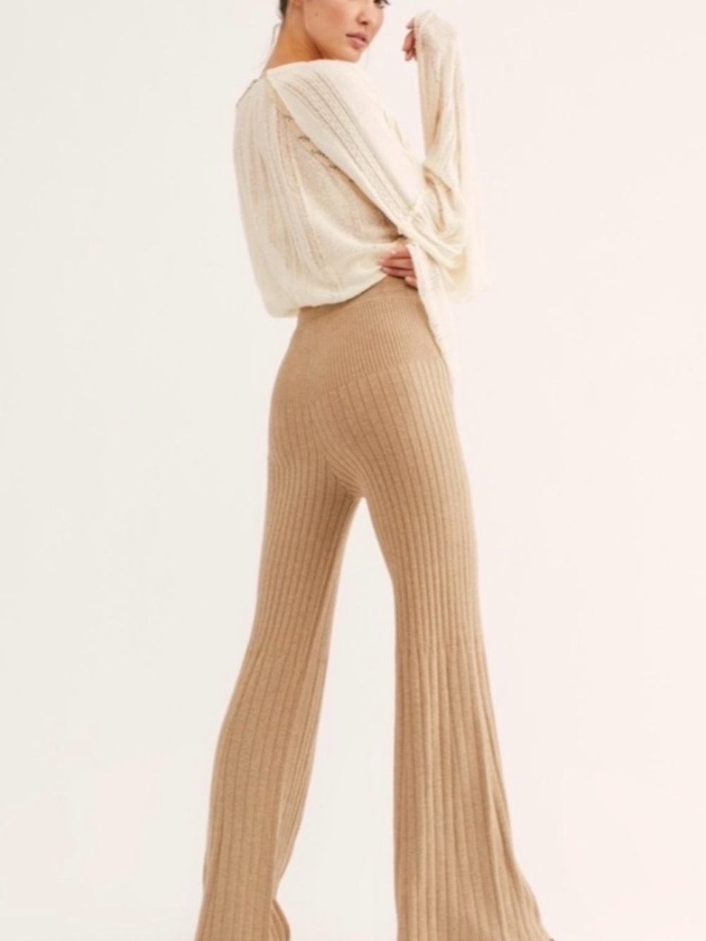 Free People- Keep it Real Flare Pants Ribbed Wide-Leg Knit Pants in Camel
